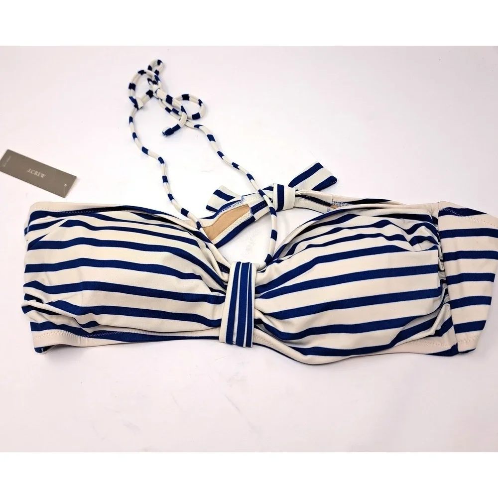 J.Crew Stripe Halter Tie Back Bikini Top‎ Coastline Blue White Size XL NEW
